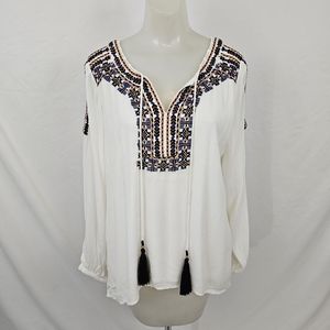 Soft Surroundings Peasant Top - White Rayon with Embroidered Southwest Detail PS
